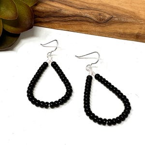 Black Seed Bead Teardrop Hoop Dangle Earrings Black Beaded Long Earrings (7081)