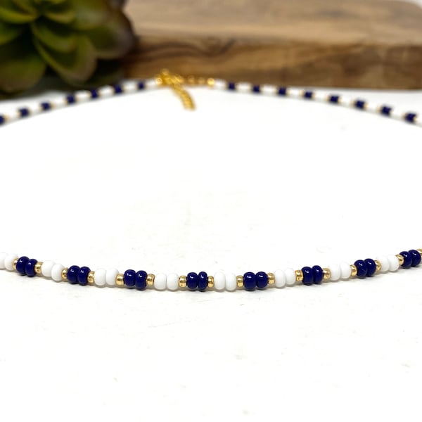 White, Navy Blue, and Gold Seed Bead Bracelet, Anklet Choker Necklace Navy Blue and White Seed Bead Jewelry (2264)