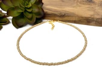 Metallic Gold Seed Bead Choker Necklace, Gold Bead Bracelet, Gold Bead Anklet (4209)