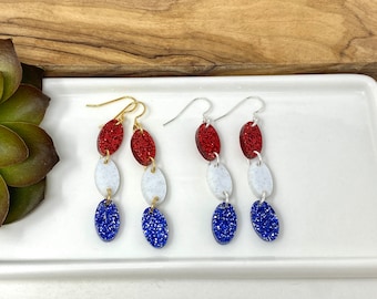 Glittery Red White and Blue Acrylic Patriotic Dangle Earrings (7059)