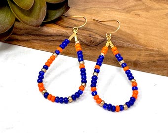 Orange, Blue & Gold Seed Bead Teardrop Hoops Game Day Earrings (7070)
