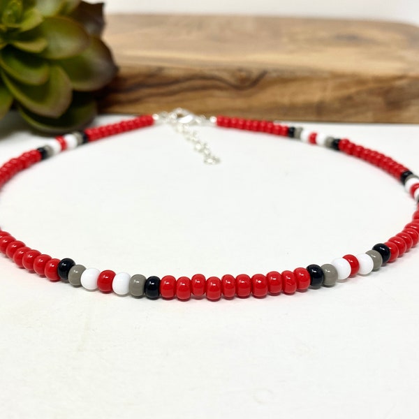 Red, Black, Gray, and White Seed Bead Bracelet, Anklet, Choker Necklace Seed Bead Jewelry (2240)