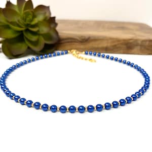 Royal Blue Pearl and Gold Seed Bead Choker Custom Choker Blue Pearl Necklace Customizable (4089)