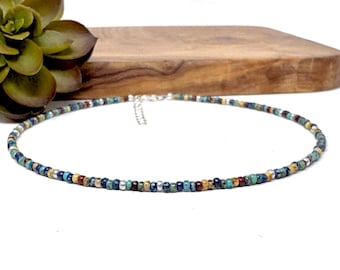 Handmade Picasso Seed Bead Jewelry: Blue Green Tan Bracelet, Anklet, Choker, Necklace (0001S)