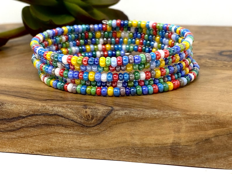 Multicolor Seed Bead Memory Wire Cuff Bracelet Red Blue Green Yellow ...