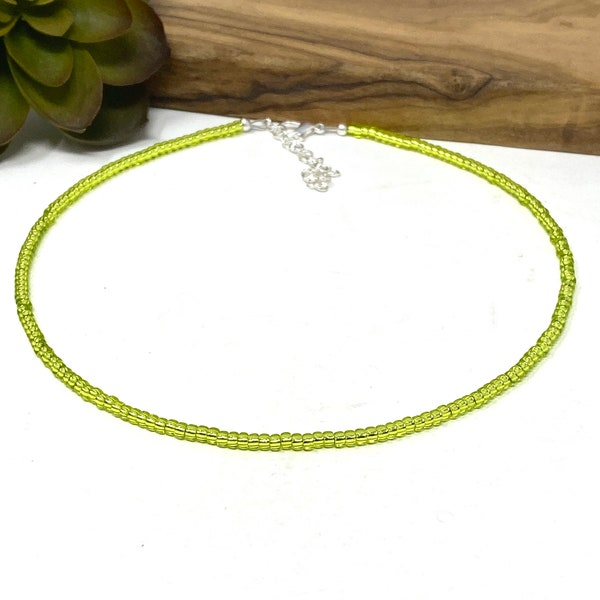 Shiny Chartreuse Yellow Seed Bead Choker Necklace, Bracelet, Anklet Shimmery Lemon Lime Yellow Beaded Jewelry (104-2702)