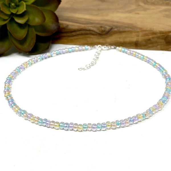 Shimmery Pastel Seed Bead Bracelet, Anklet, Choker Necklace Shiny Pink, Aqua, Yellow, Purple, and Blue Seed Bead Jewelry (7027)