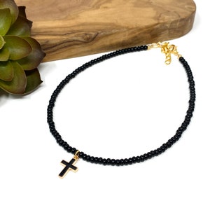 Small Black Seed Bead Bracelet, Anklet, Choker Necklace with Black and Gold Cross Pendant Black Seed Bead Cross Pendant Jewelry (2252)