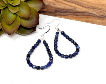 Lapis Lazuli Beaded Hoop Earrings: Silver Frames (10016)