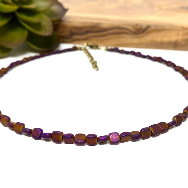 Magenta Iris Hematite Choker Necklace Dark Magenta Beaded Choker (1939)