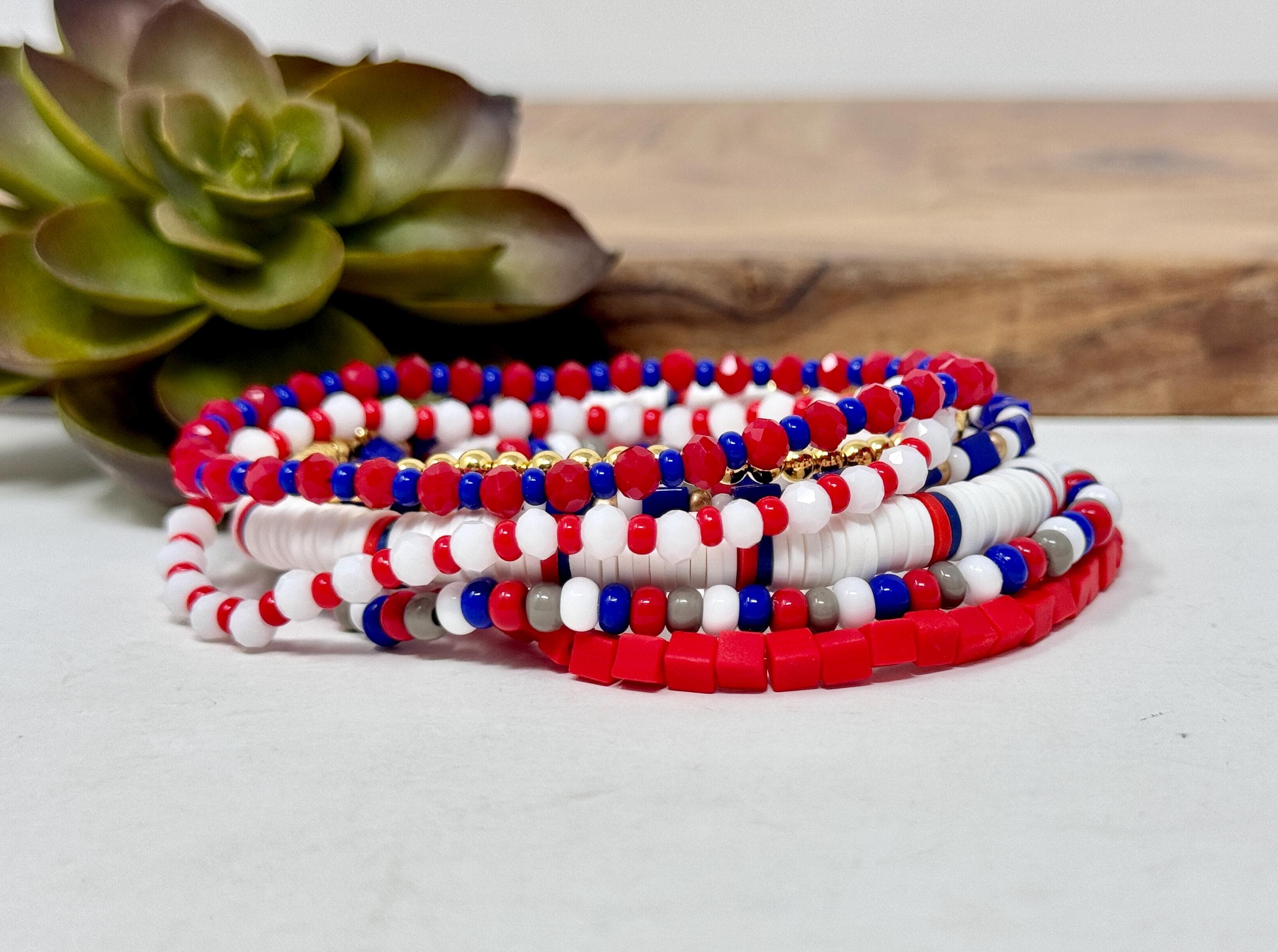 Beaded Stretch Bracelet Set: Red, White & Blue Texas Rangers Game