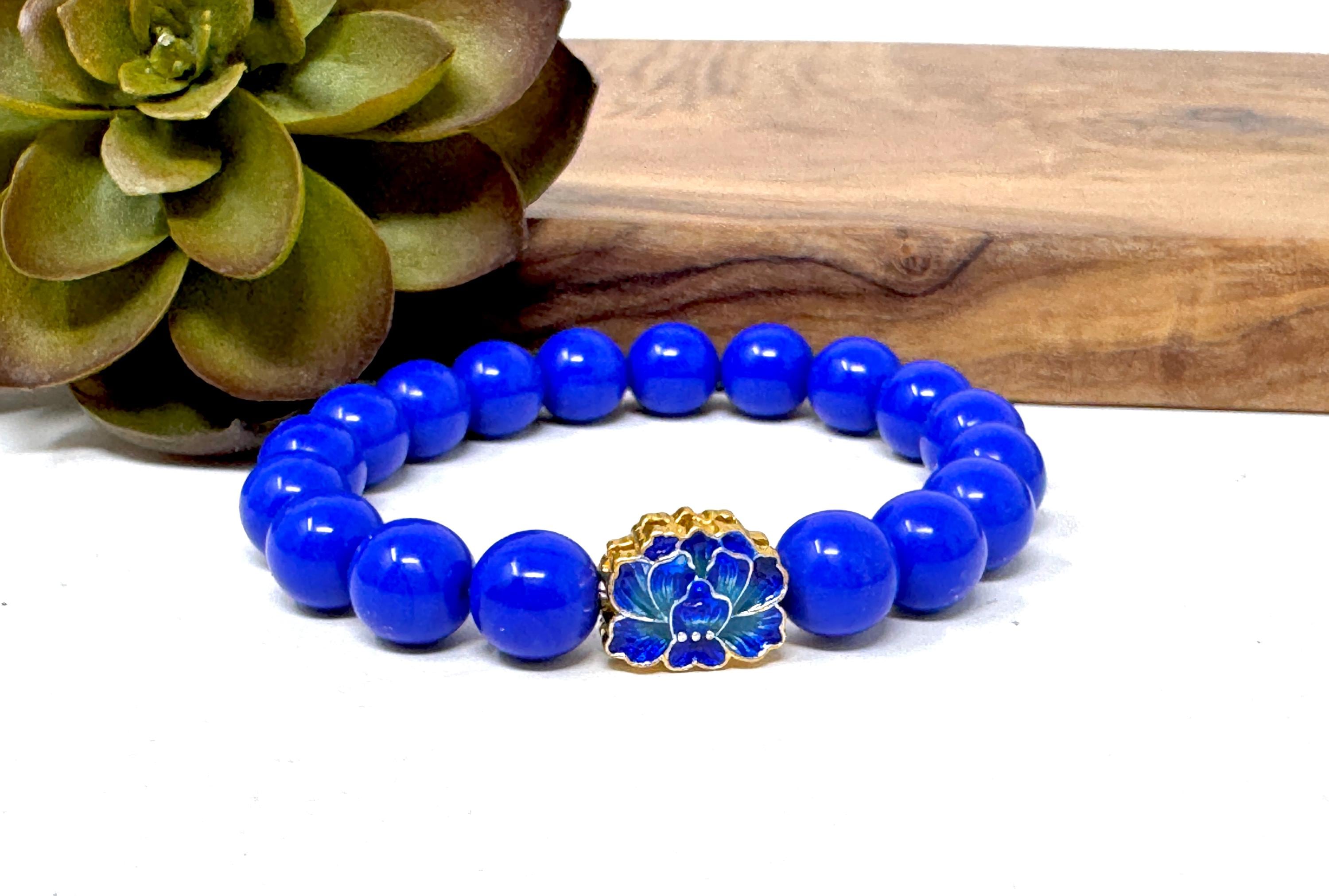 Chunky Blue Flower Bead Stretch Bracelet Blue Bead Bracelet Lotus Flower Bracelet (5010A)
