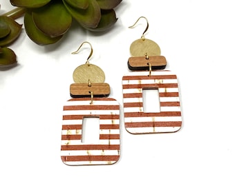 Red and White Striped Faux Leather, Wood and Brass Lightweight Statement Earrings (2182)