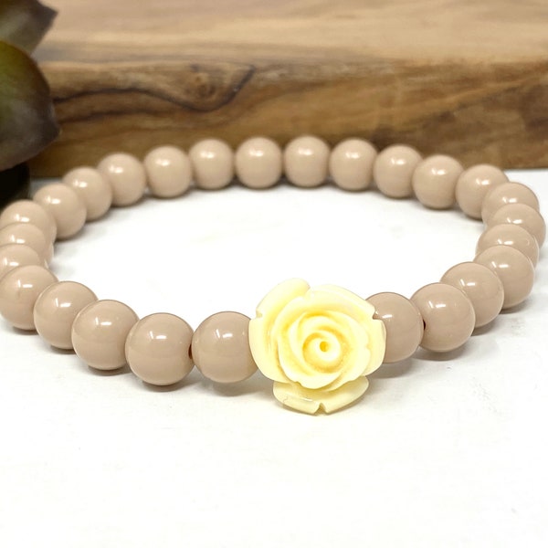 Tan and Cream Rose Beaded Stretch Bracelet Light Brown and Pale Yellow Rose Everyday Stack Bracelet  (5002)