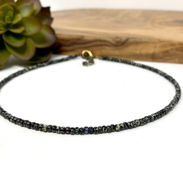 Small Black Seed Bead Choker Necklace, Bracelet, Anklet Black Marbled Beaded Bracelet, Anklet, Choker (4148)