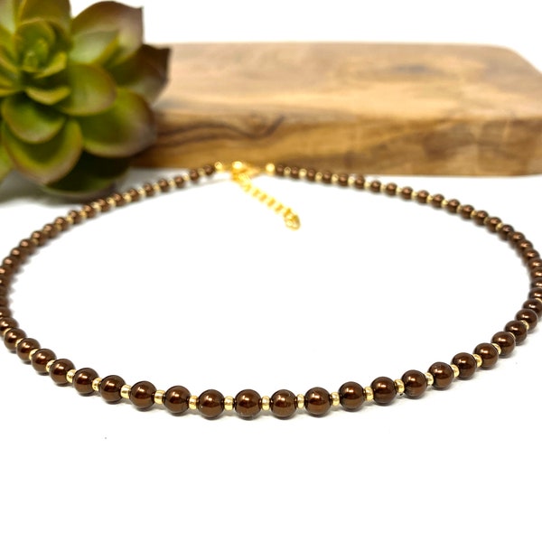 Brown Pearl and Gold Seed Bead Choker Necklace, Bracelet, Anklet Custom Jewelry Tiny Brown Bead Customizable Jewelry (4121)