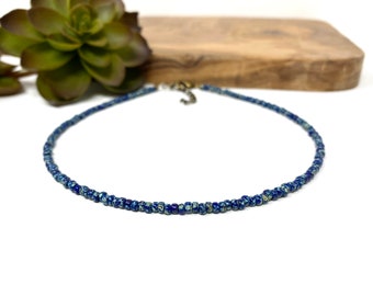 Dark Blue Picasso Seed Bead Choker Necklace, Bracelet, Anklet Blue Marbled Beaded Choker (4147)