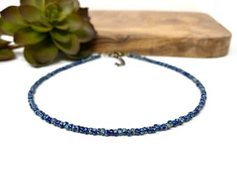 Dark Blue Picasso Seed Bead Choker Necklace, Bracelet or Anklet: Minimalist Jewelry (4147)