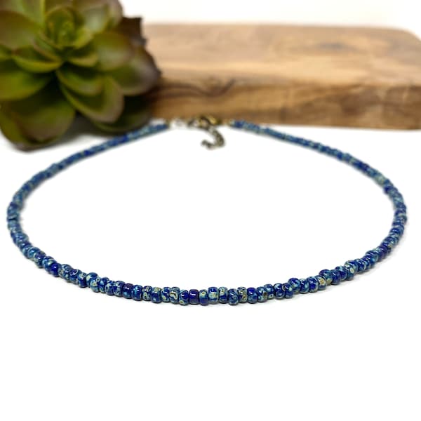 Dark Blue Picasso Seed Bead Choker Necklace, Bracelet, Anklet Blue Marbled Beaded Choker (4147)