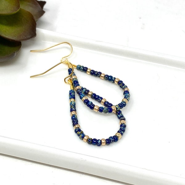 Dark Blue and Gold Seed Bead Teardrop Hoop Dangle Earrings Navy Blue Beaded Long Earrings (5052)