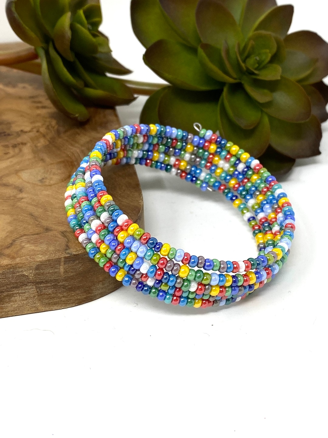 Multicolor Seed Bead Memory Wire Cuff Bracelet Red Blue Green Yellow ...
