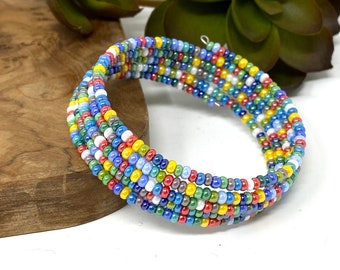 Multicolor Seed Bead Memory Wire Cuff Bracelet Red Blue Green Yellow Wrap Bracelet (4180)