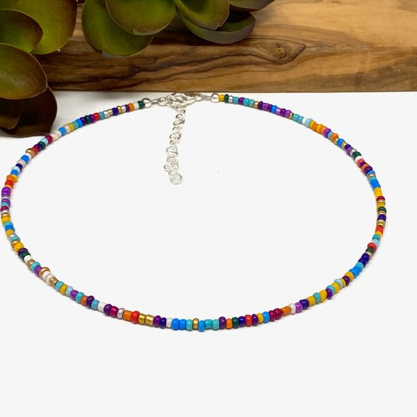 Multi Colored Seed Bead Unisex Custom Bracelet, Anklet, Choker Necklace Multi Colored Seed Bead Jewelry