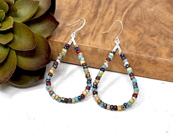 Handmade Picasso Seed Bead Teardrop Earrings, Silver Accents, Dangle Hoops (10048)