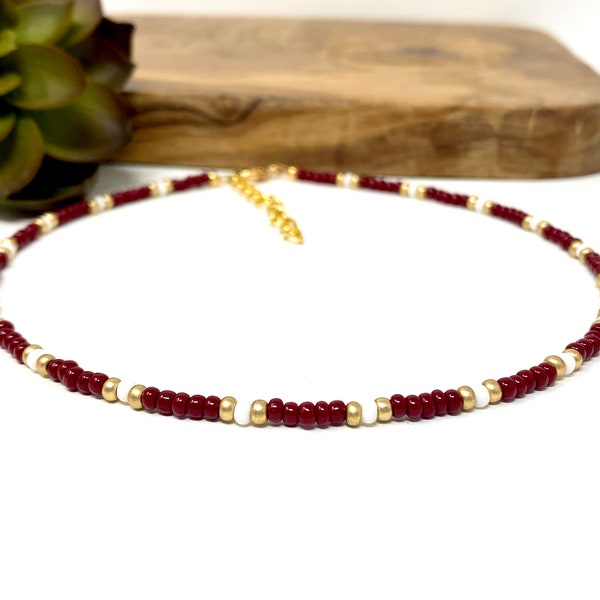 Maroon and Gold Seed Bead Choker Gold, Dark Red, and White Bead Choker Customizable Choker (2160)