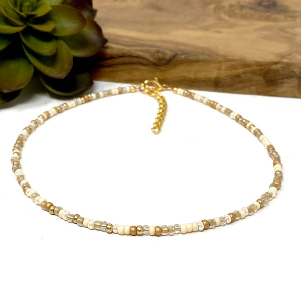 Neutral Gold and Cream Seed Bead Choker Necklace, Bracelet, Anklet Gold, Ivory, Tan Beaded Choker (5050)