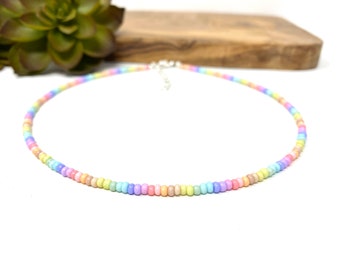 Pastel Rainbow Seed Bead Bracelet, Anklet, Choker Necklace Customizable Rainbow Seed Bead Jewelry (2143)