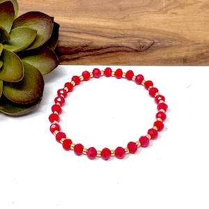 Red and Gold Bead Stretch Bracelet Red Crystal Beaded Bracelet Red Gold Bracelet  (8016)