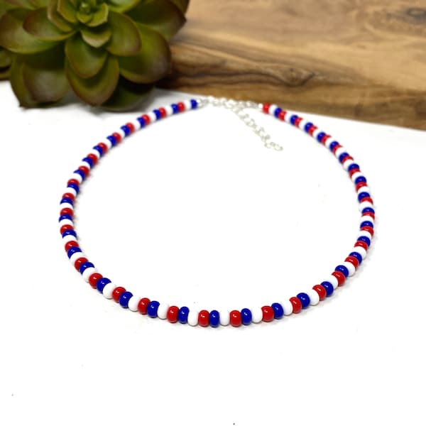 Red White and Blue Seed Bead Choker Necklace, Bracelet, Anklet Red Blue White Beaded Jewelry (4233)