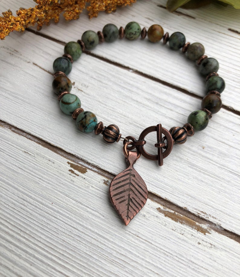 African Turquoise Beaded Bracelet with Antique Copper Toggle Clasp and Antique Copper Leaf Charm Turquoise Gemstone Bracelet for Her 663