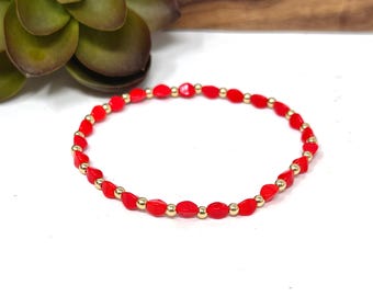 Red Czech Glass Beaded Stretch Bracelet with Gold Filled Accents (0009)