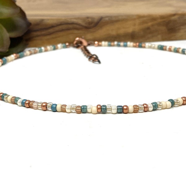 Neutral Copper, Cream, and Teal Seed Bead Choker Necklace, Bracelet, Anklet Copper, Ivory, Tan, and Blue Green Beaded Choker (5051)