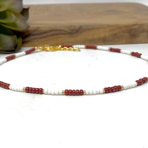 GAME DAY Maroon and White Striped Seed Bead Choker Necklace, Anklet,  Bracelet, Dark Red Anklet Maroon and White Beaded Choker (5070)