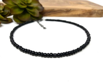 Black Seed Bead Custom Bracelet, Anklet, Choker Necklace Unisex Black Seed Bead Jewelry (9900)