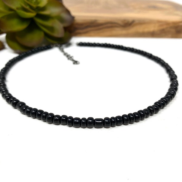 Black Seed Bead Custom Bracelet, Anklet, Choker Necklace Unisex Black Seed Bead Jewelry (9900)