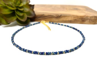 Dark Blue Picasso and Gold Seed Bead Choker Necklace, Anklet,  Bracelet, Dark Blue Anklet Navy Blue and Gold Beaded Choker (2278)