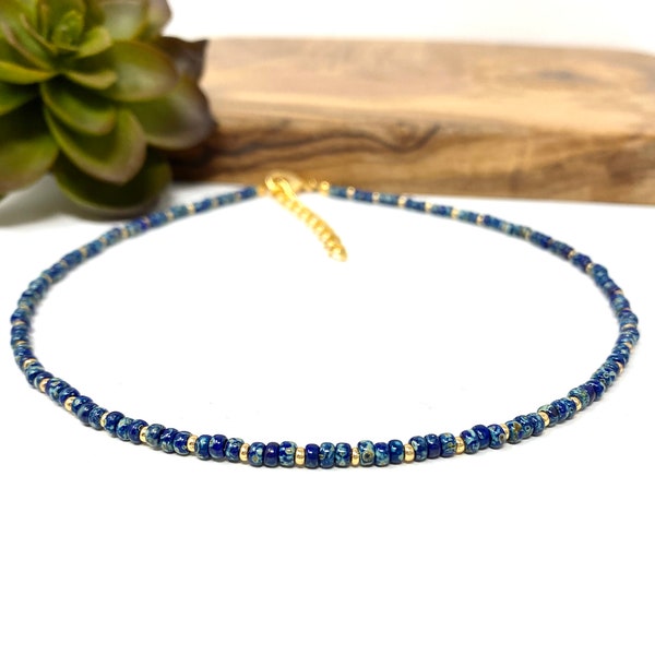 Dark Blue Picasso and Gold Seed Bead Choker Necklace, Anklet,  Bracelet, Dark Blue Anklet Navy Blue and Gold Beaded Choker (2278)