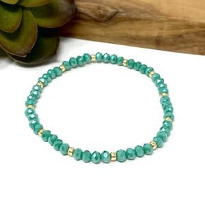 Turquoise Green Crystal Beaded Stretch Bracelet Bright Blue Green and Gold Everyday Stack Bracelet (5116)