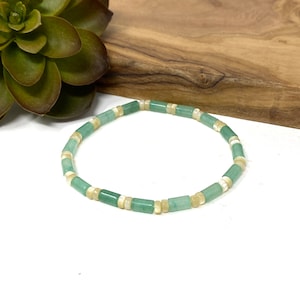 Green Jade and Tan Mother of Pearl Boho Beaded Stretch Bracelet Jade Green and Beige Bracelet (5024)