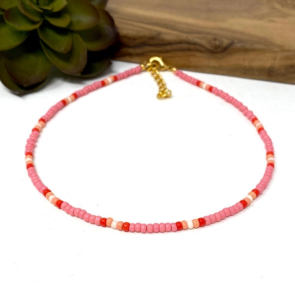 Pink and Red Seed Bead Choker Necklace, Bracelet, Anklet Red, Pink, Cream and Peach Beaded Choker (4116)