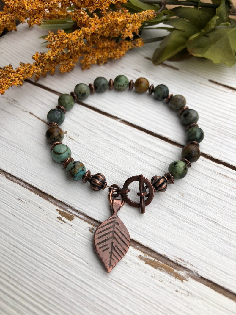 African Turquoise Beaded Bracelet with Antique Copper Toggle Clasp and Antique Copper Leaf Charm Turquoise Gemstone Bracelet for Her 663