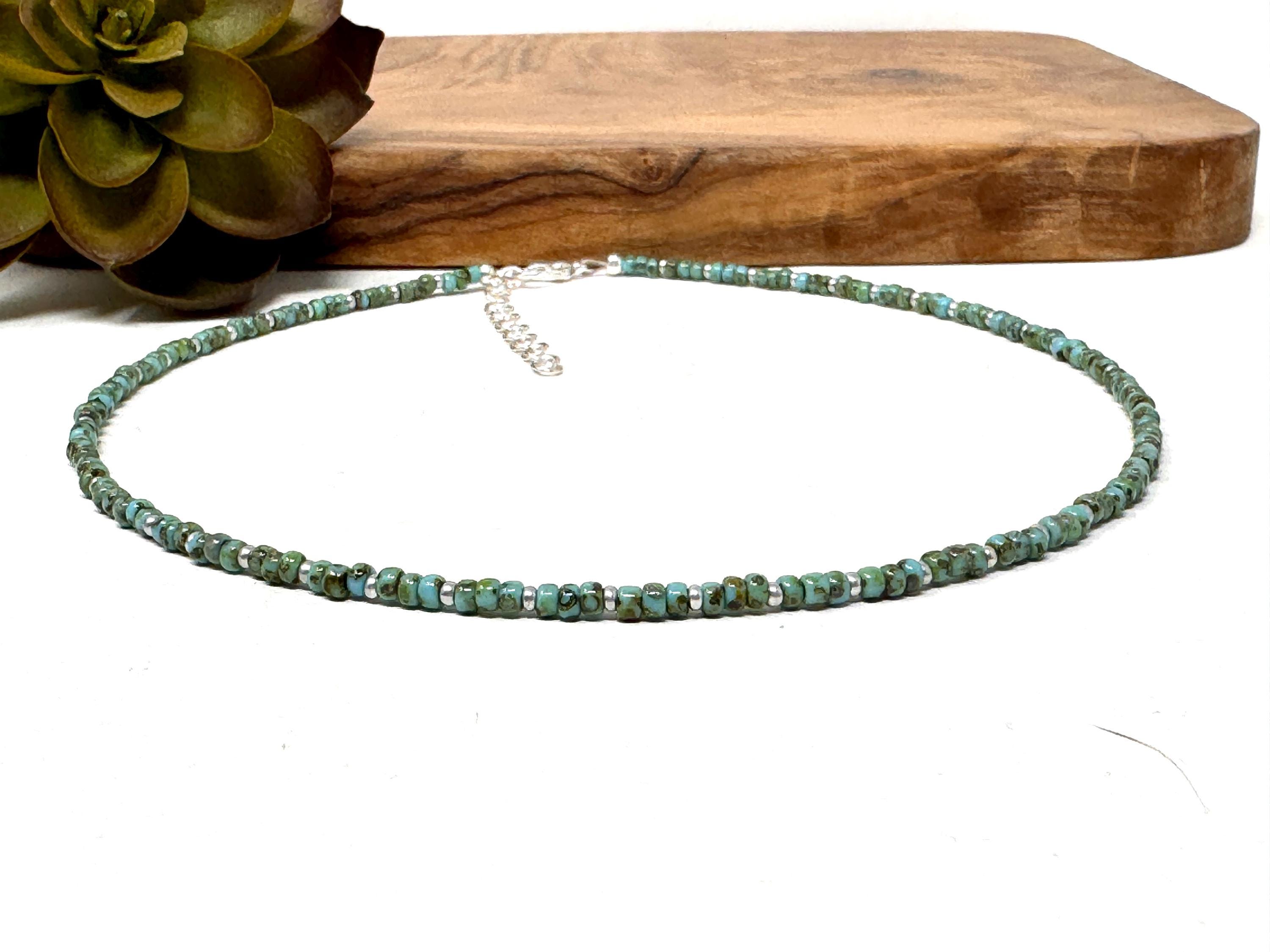 Turquoise Green Picasso and Silver Seed Bead Choker Necklace, Bracelet, Anklet Blue Green  Silver Beaded Choker (7082)