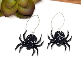 Black Glitter Acrylic Dangle Earrings: Halloween Jewelry (A20)