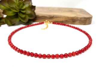 Red Bamboo Coral Beaded Choker Necklace Bright Red Gemstone Choker (2273)