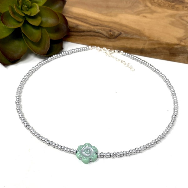 Silver Seed Bead and Mint Green Flower Choker Silver and Light Green Choker Necklace, Bracelet, Anklet (2126)