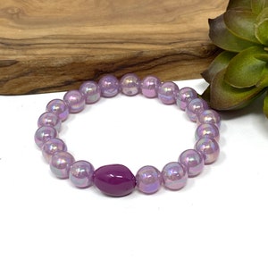 Light Glittery Purple Beaded Stretch Bracelet Lavender and Purple Everyday Stack Bracelet (5007)